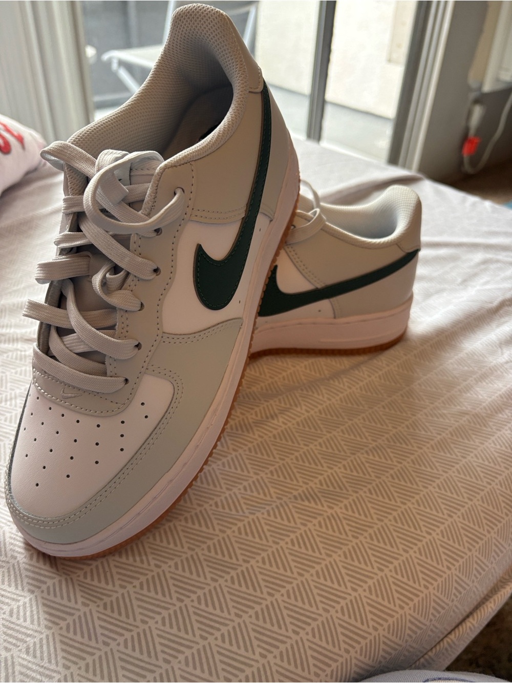 Youth size 7, Nike Air Force 1 Low-Top Sneakers in White and Dark Green Swoosh